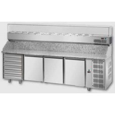 Tavolo Refrigerato Pizzeria - Banco Preparazione Pizza per Contenitori GN1/1 Piano in Granito 3 Porte 6 Cassetti e Vetrina Refrigerata con Vetri